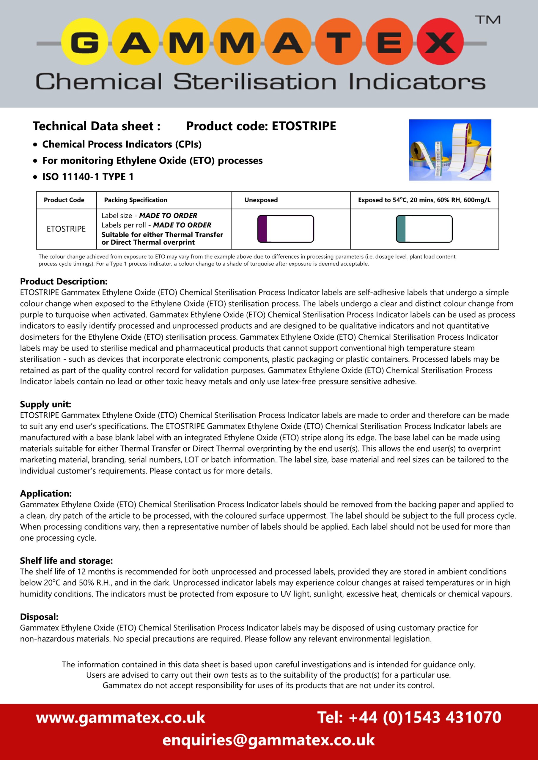 Gammatex ETO Stripe Technical Data Sheet showing colour change from Purple to Turquoise when activated