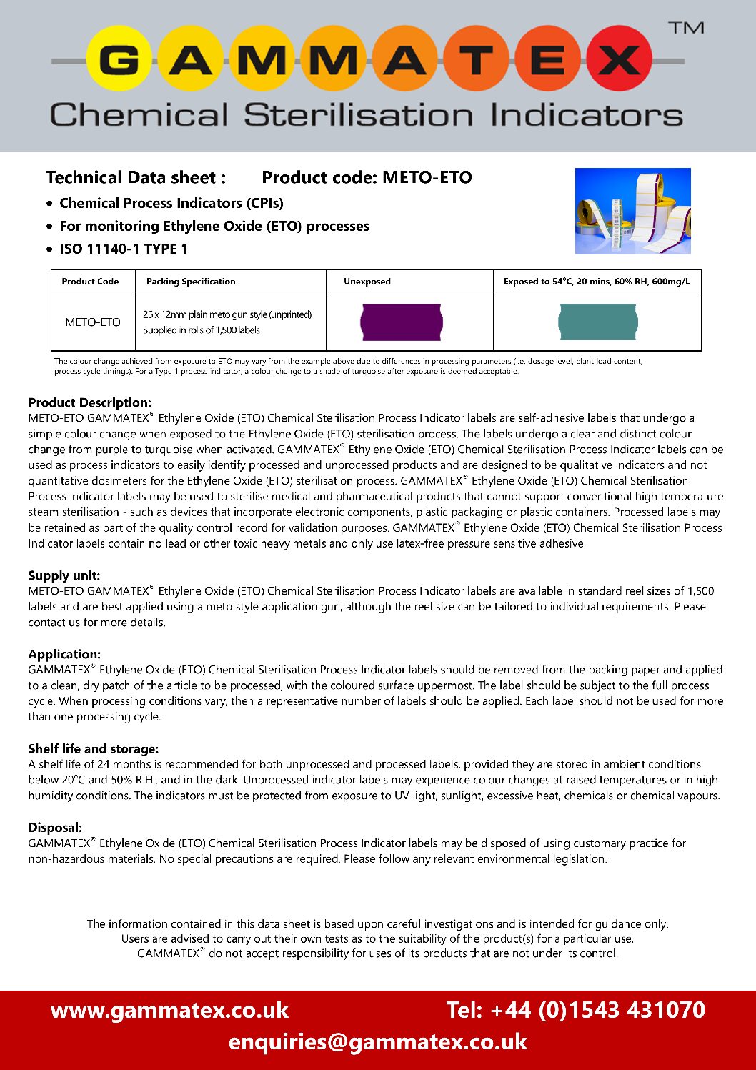 Gammatex ETO Meto Gun Labels Technical Data Sheet showing colour change from Purple to Turquoise when activated