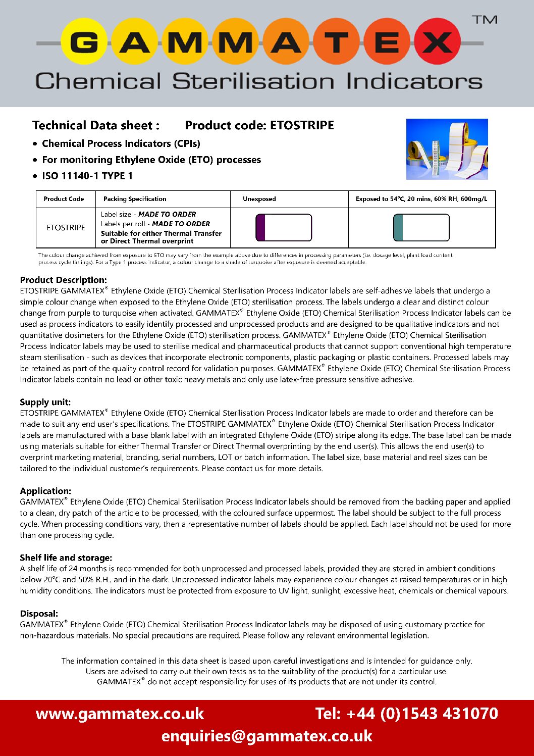 Gammatex ETO Stripe Technical Data Sheet showing colour change from Purple to Turquoise when activated