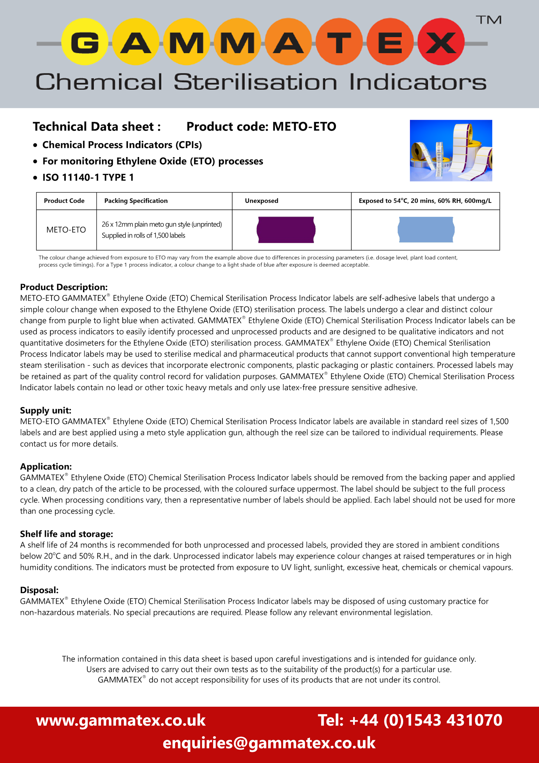 Gammatex ETO Meto Gun Labels Technical Data Sheet - Sept 2026 GAMMATEX ETO Meto Gun Labels Technical Data Sheet showing colour change from Purple to Light Blue when activated