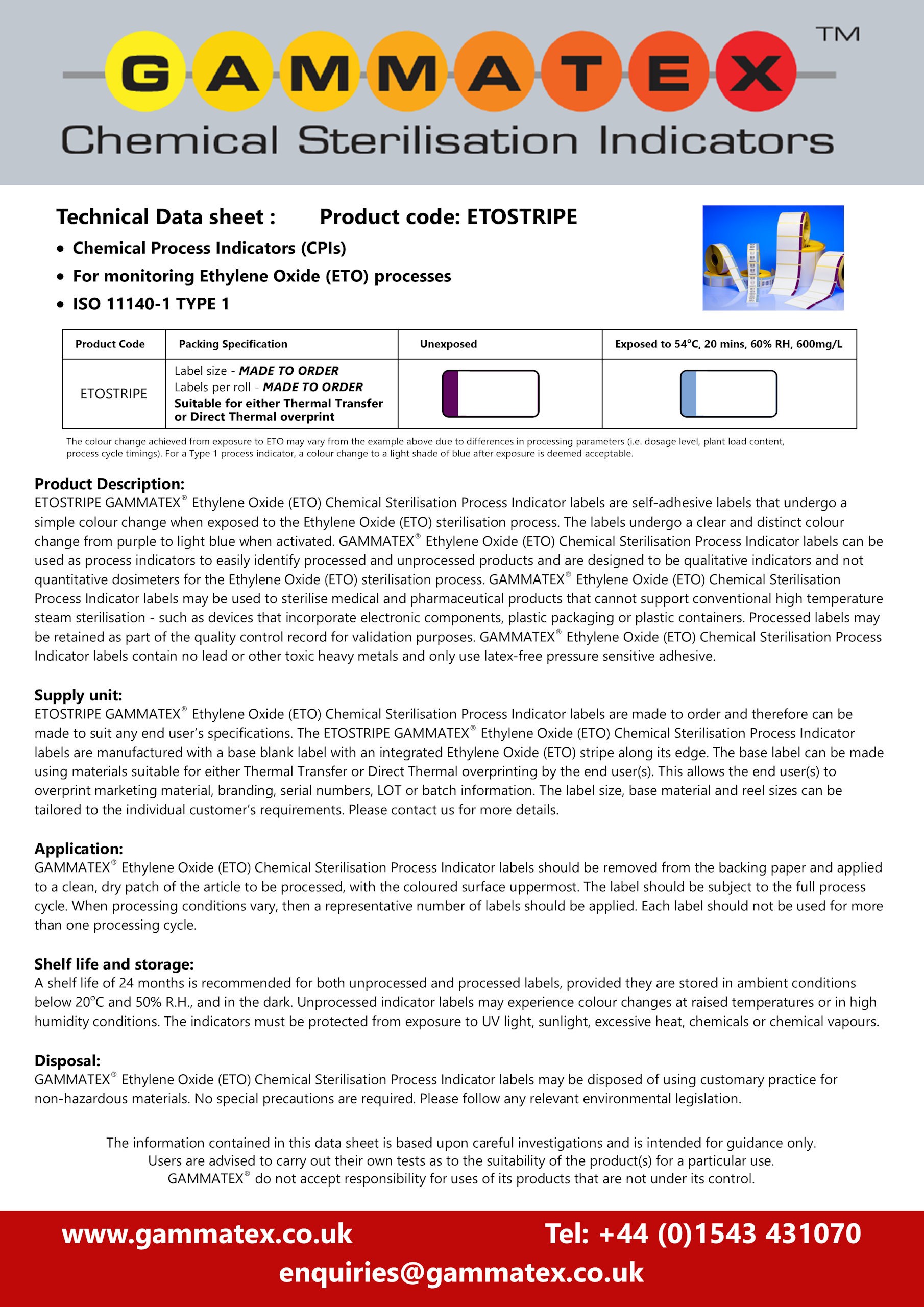 Gammatex ETO Stripe Technical Data Sheet - Sept 2026 GAMMATEX ETO Stripe Technical Data Sheet showing colour change from Purple to Light Blue when activated